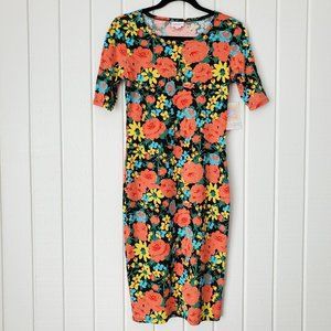 LuLaRoe Floral Julia Dress XS NEW Black Peach Yellow Turquoise Green Fitted Rose